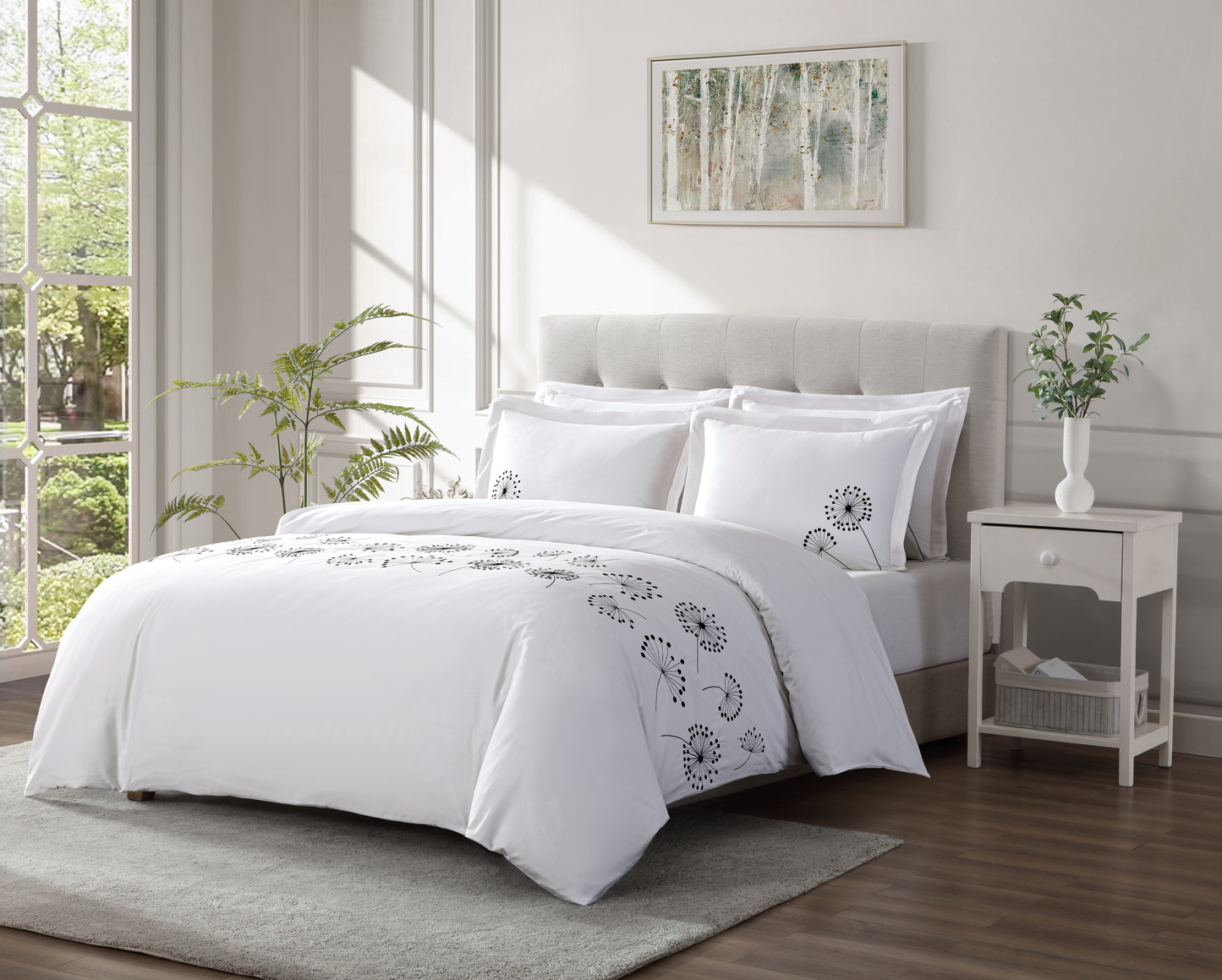 Linen Classique 300TC Embroidered Dandellion Black Duvet Set